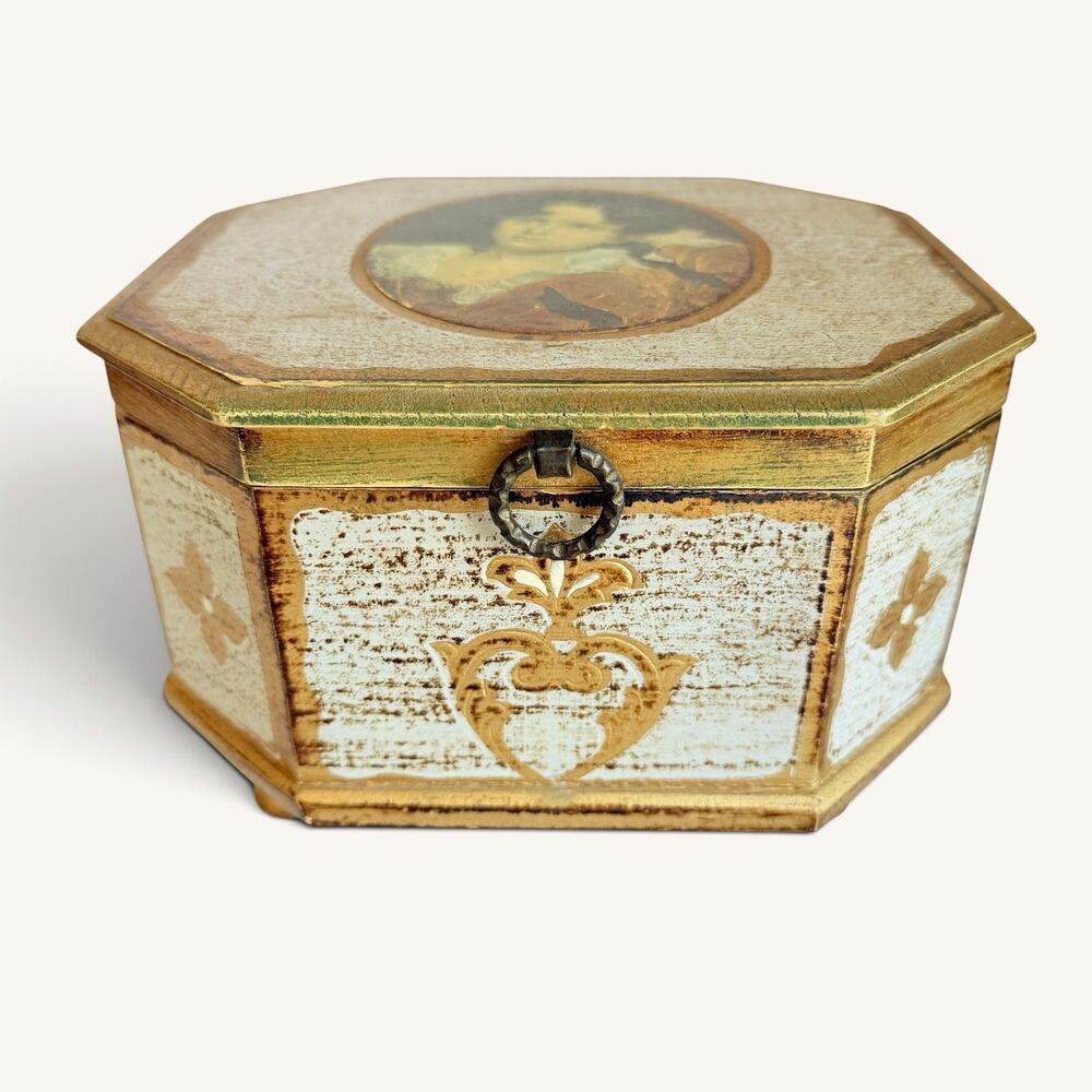 Vintage Enesco Japan Wooden Music Jewelry Box Victorian Girl Gold Red Interior